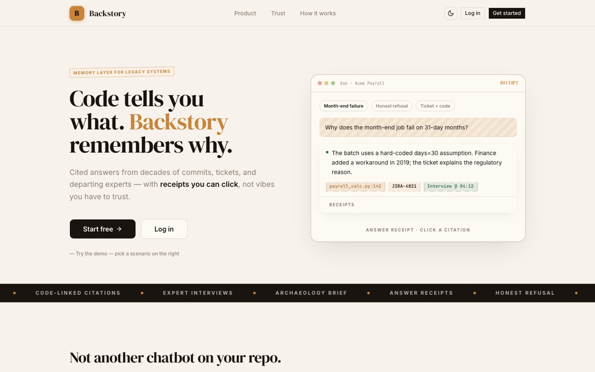 Backstory landing page: "Code tells you what. Backstory remembers why." with a cited answer receipt