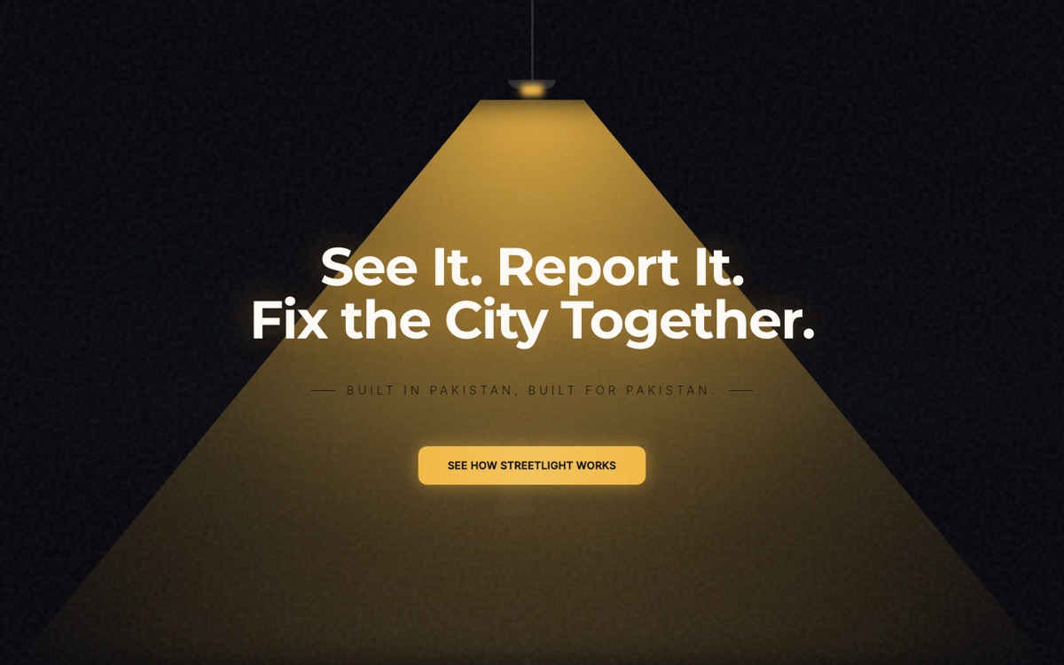 StreetLight landing page: "See it. Report it. Fix the city together." under a street lamp